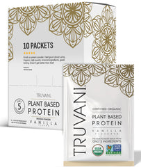 Truvani vegan pea protein vanilla packaging close-up highlights organic ingredients for clean nutrition.