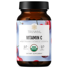 Truvani Vitamin C bottle close-up highlighting real food formula for immune support.
