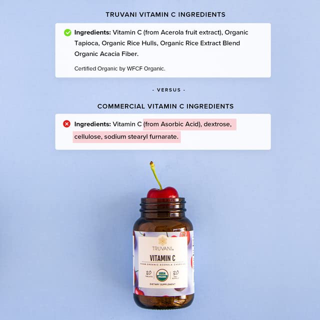 Truvani Vitamin C packaging emphasizes USDA Organic and 30 servings.