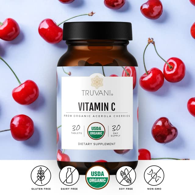 Truvani Vitamin C label close-up showing USDA Organic status for clean ingredients.