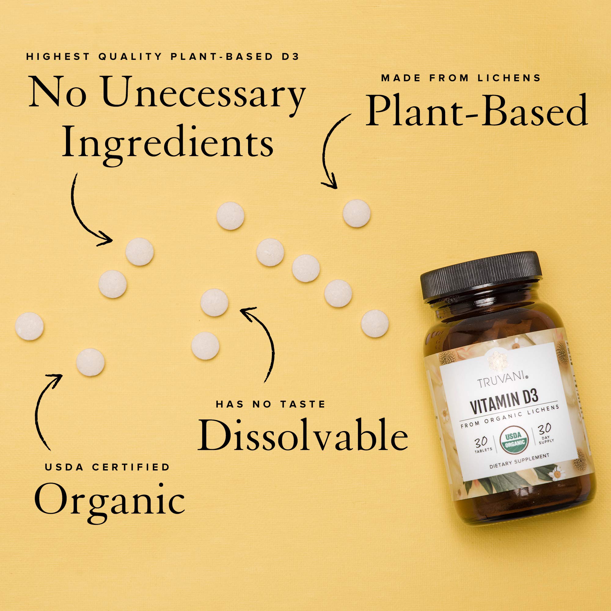 Truvani Vitamin D3 bottle front view with clean organic branding for immune support.