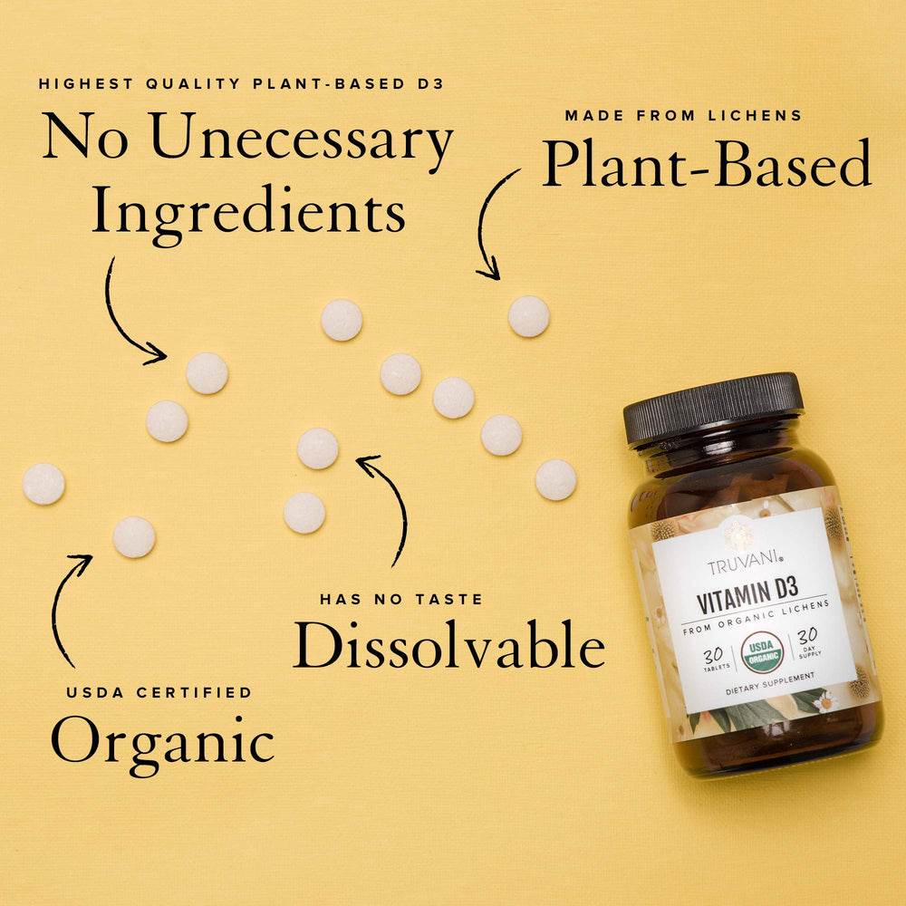 Truvani Vitamin D3 bottle front view with clean organic branding for immune support.