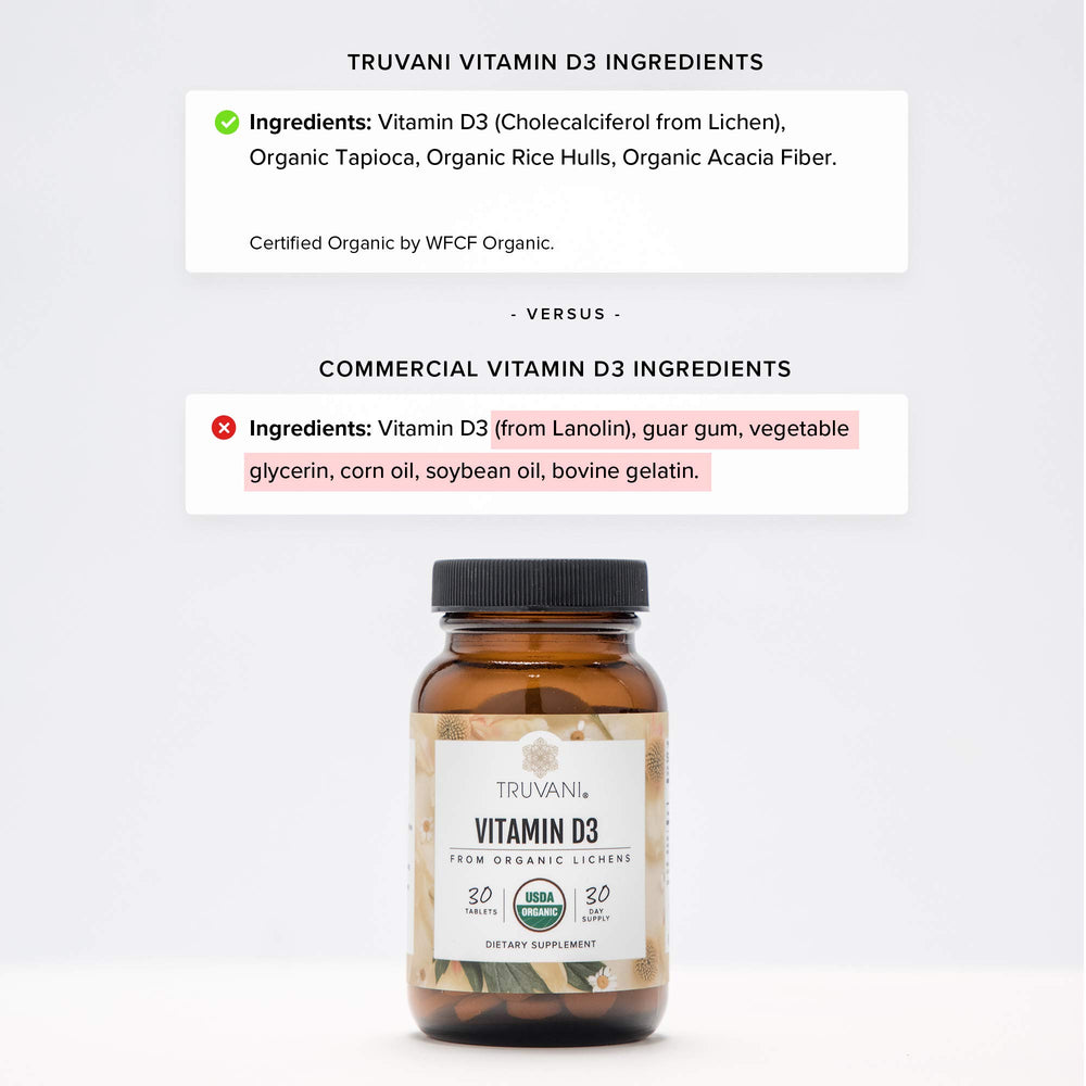 Truvani Vitamin D3 label highlighting USDA Organic and vegan claim.