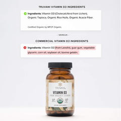 Truvani Vitamin D3 label highlighting USDA Organic and vegan claim.