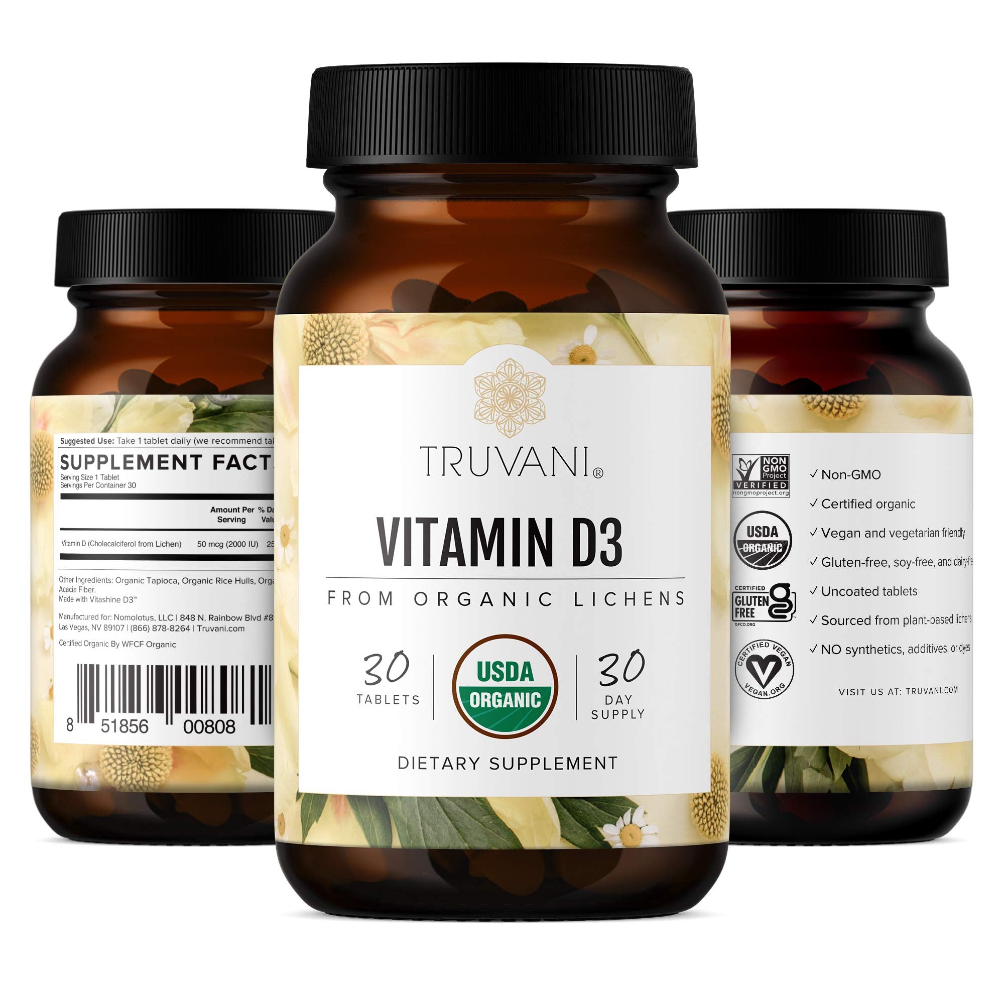 Truvani Vitamin D3 box and bottle on a kitchen counter.