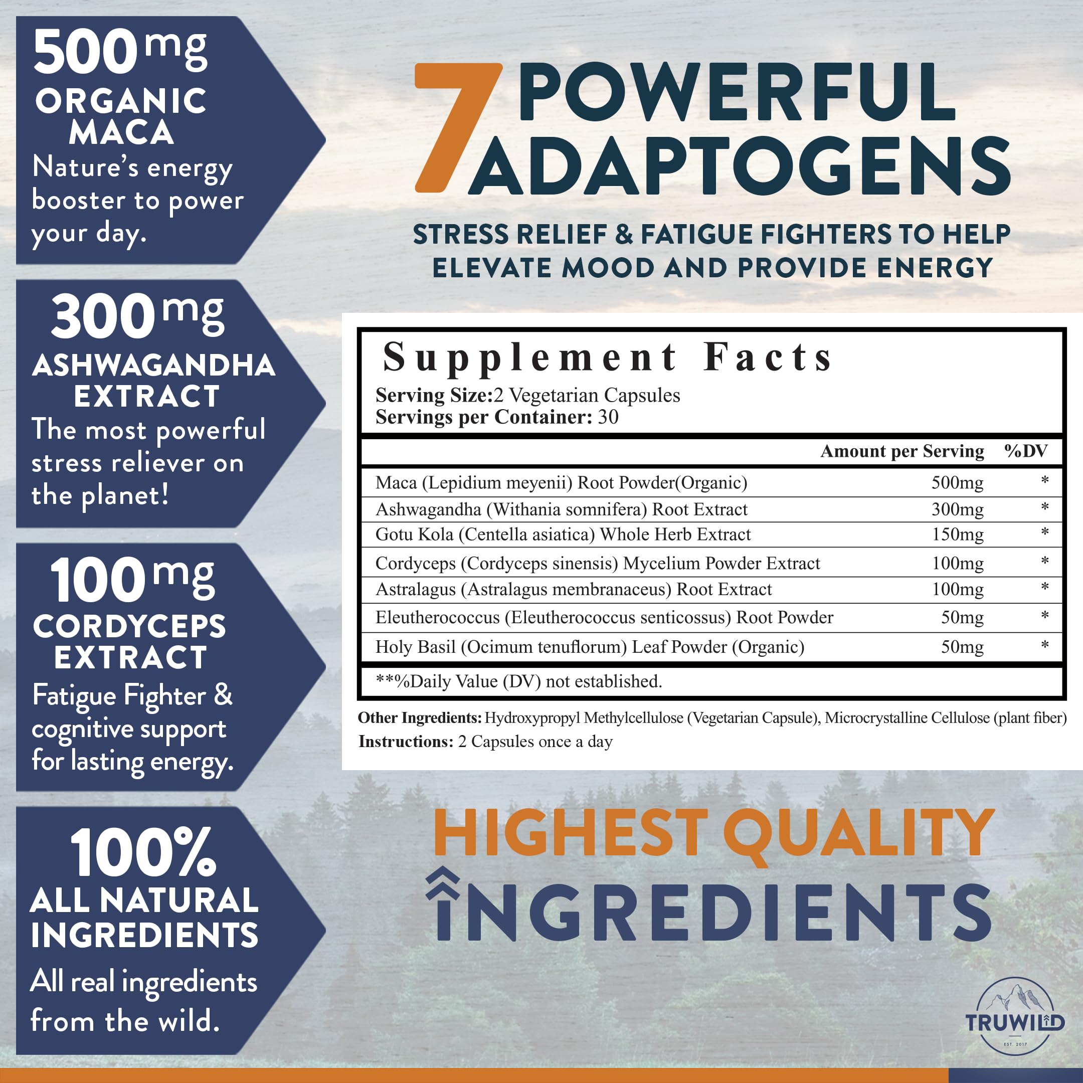 TruWild adaptogen capsules closeup for easy daily use