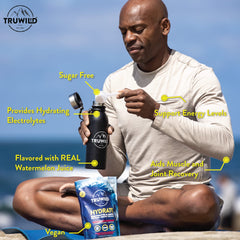Pouring TruWild Hydrate from a resealable pouch into a water bottle