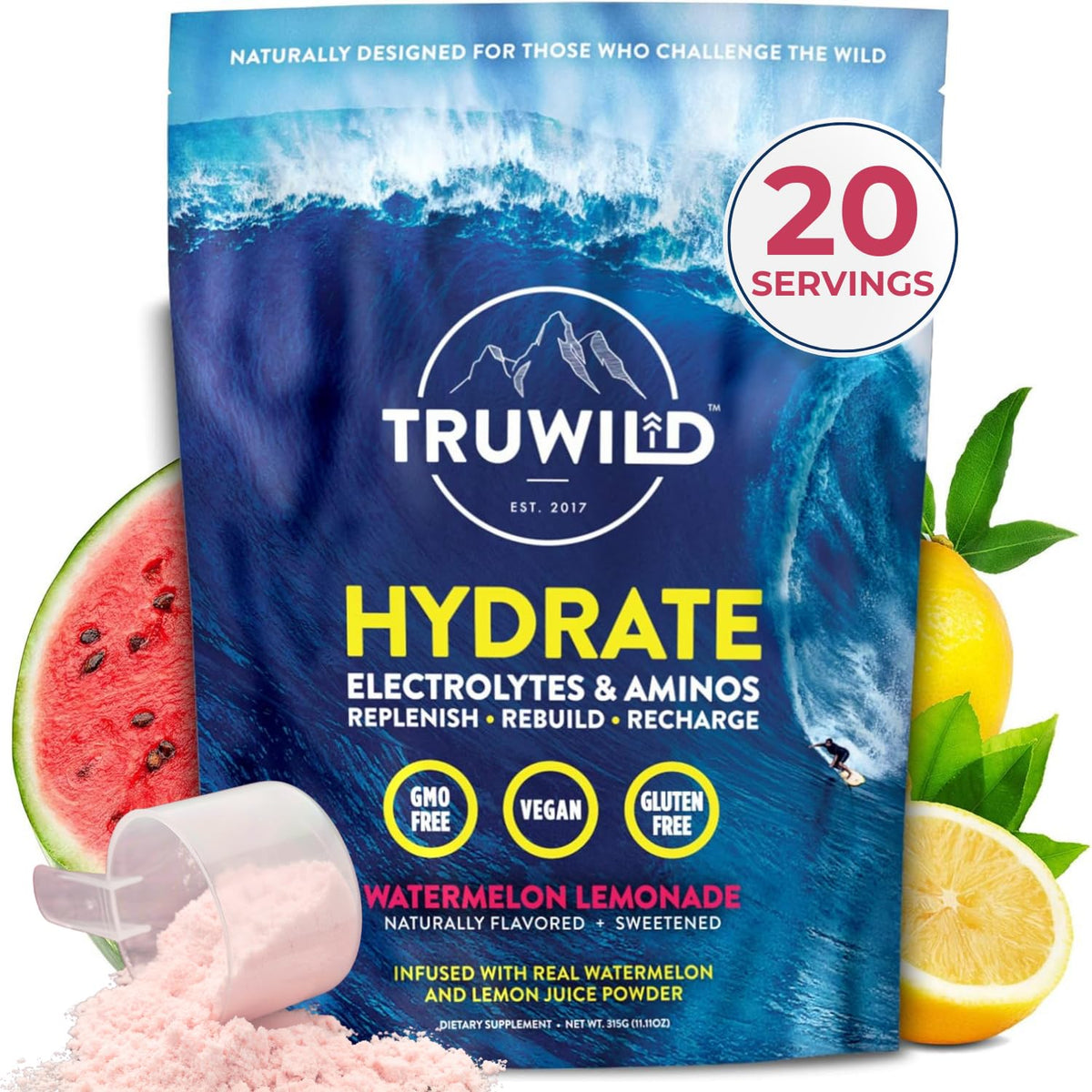 TruWild Hydrate powder dissolving in water for quick on-the-go hydration