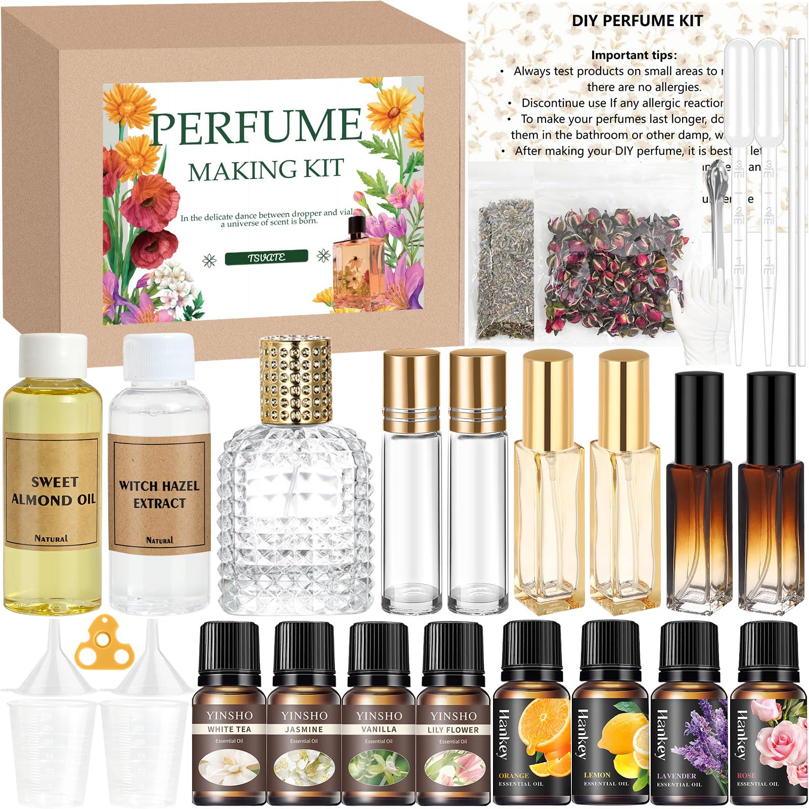 TSVATE DIY perfume kit contents for easy at-home fragrance creation.
