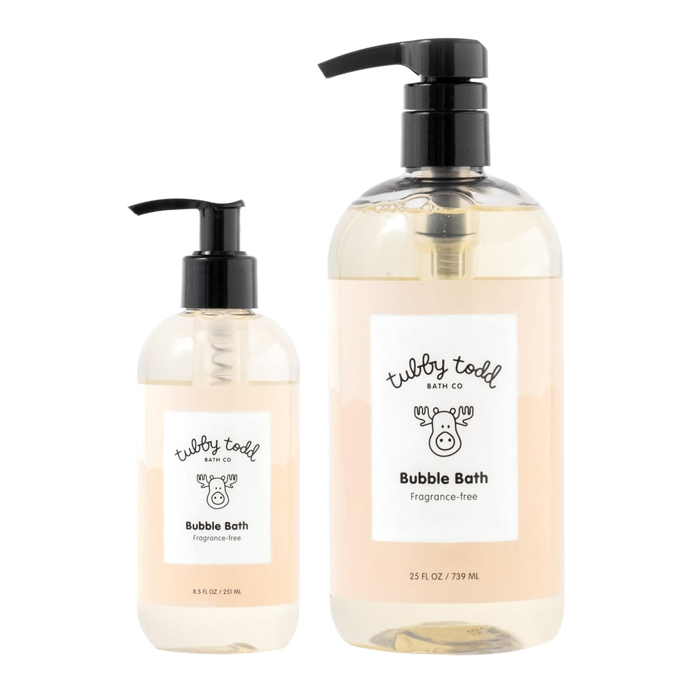 TUBBY TODD bubble bath bottle being pumped for kids, gentle hydration.