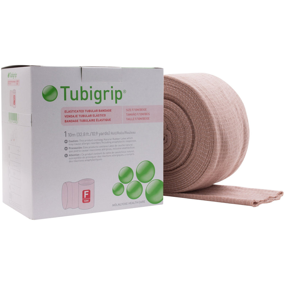 Tubigrip Size F tubular bandage box in beige showing easy-to-use packaging and portable size