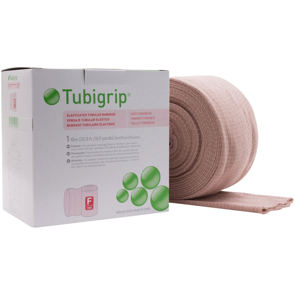 Tubigrip Size F tubular bandage box in beige showing easy-to-use packaging and portable size