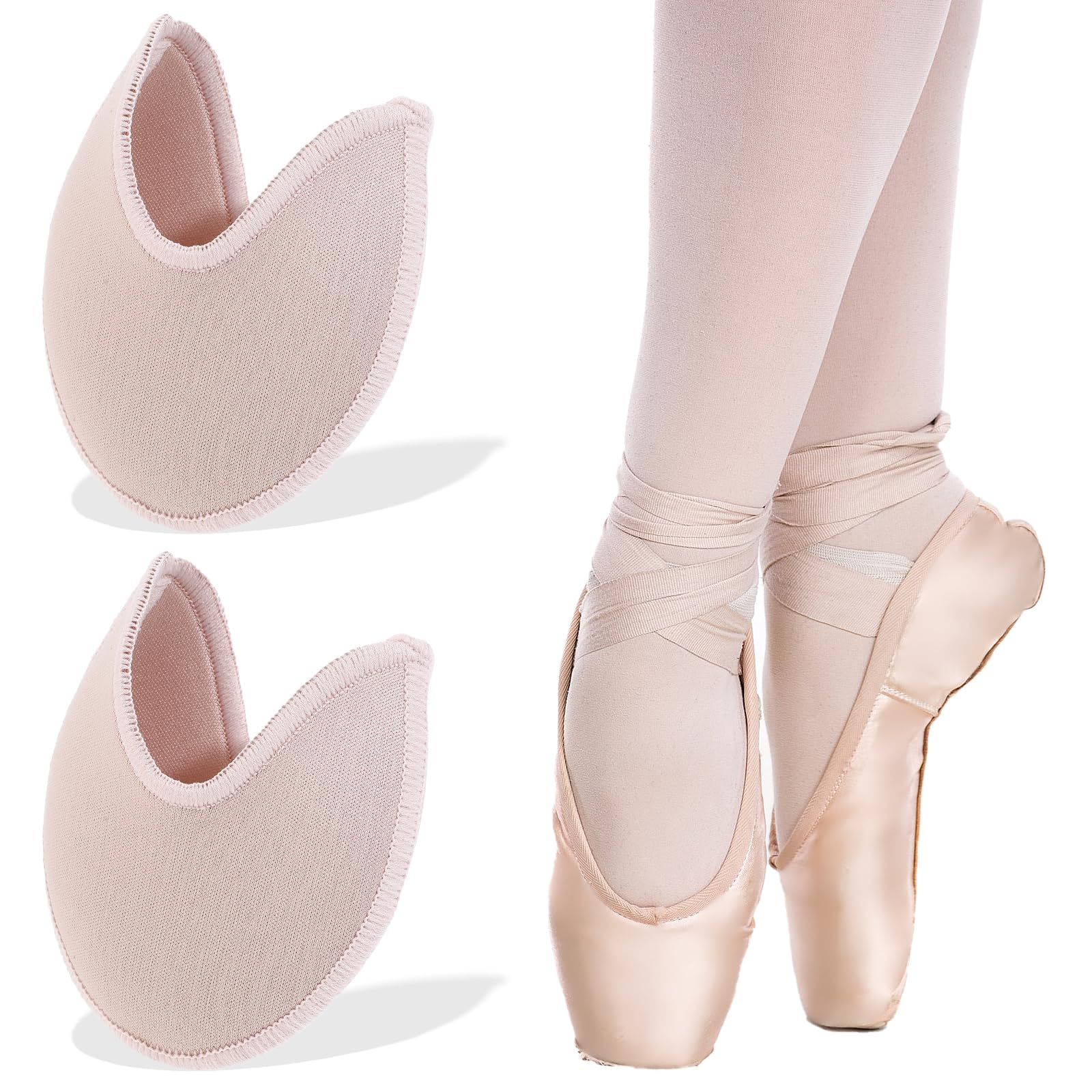 Tucnoeu soft ballet toe pads shown beside pointe shoes for cushioned comfort