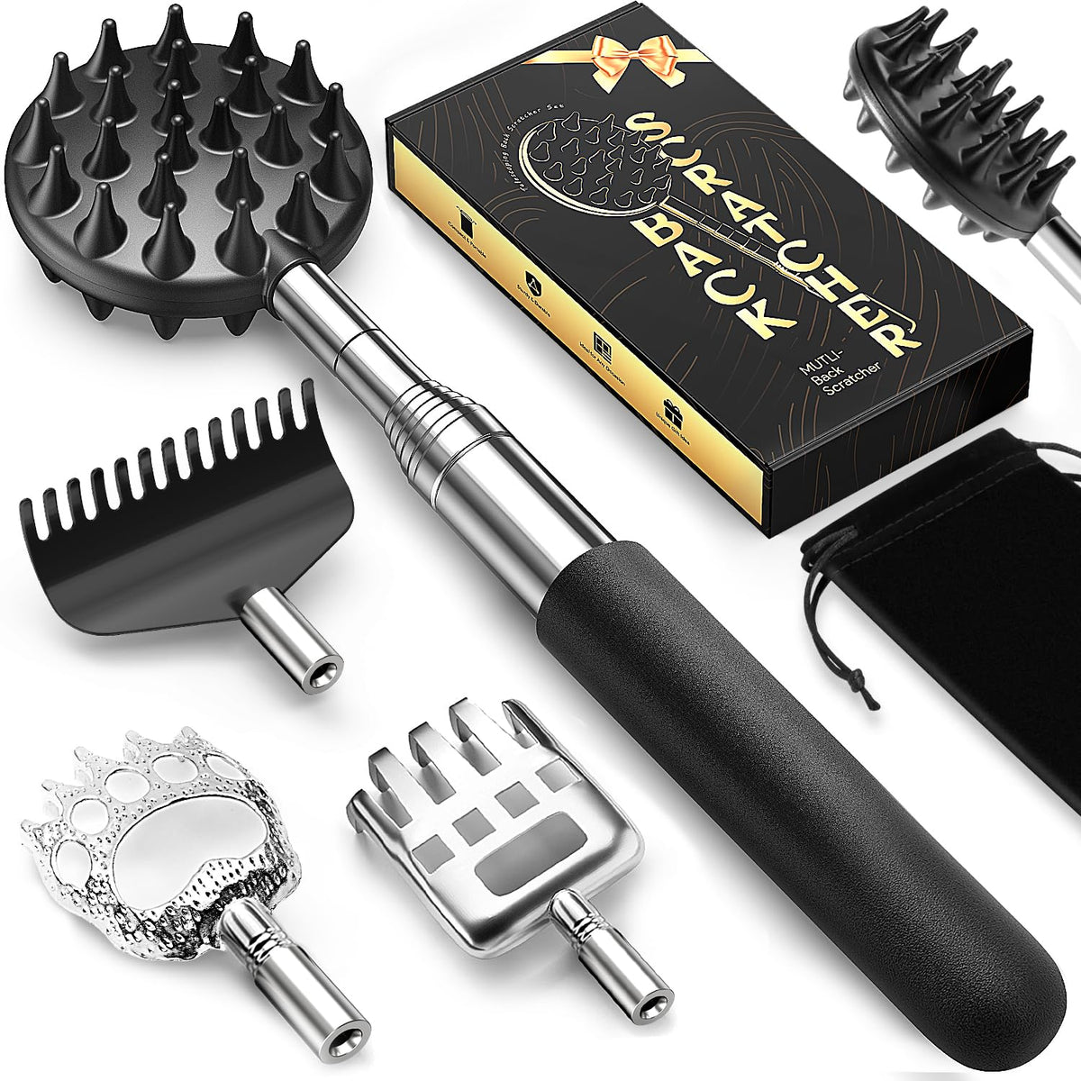 TUKUOS telescoping back scratcher with 5 heads for versatile reach and relief
