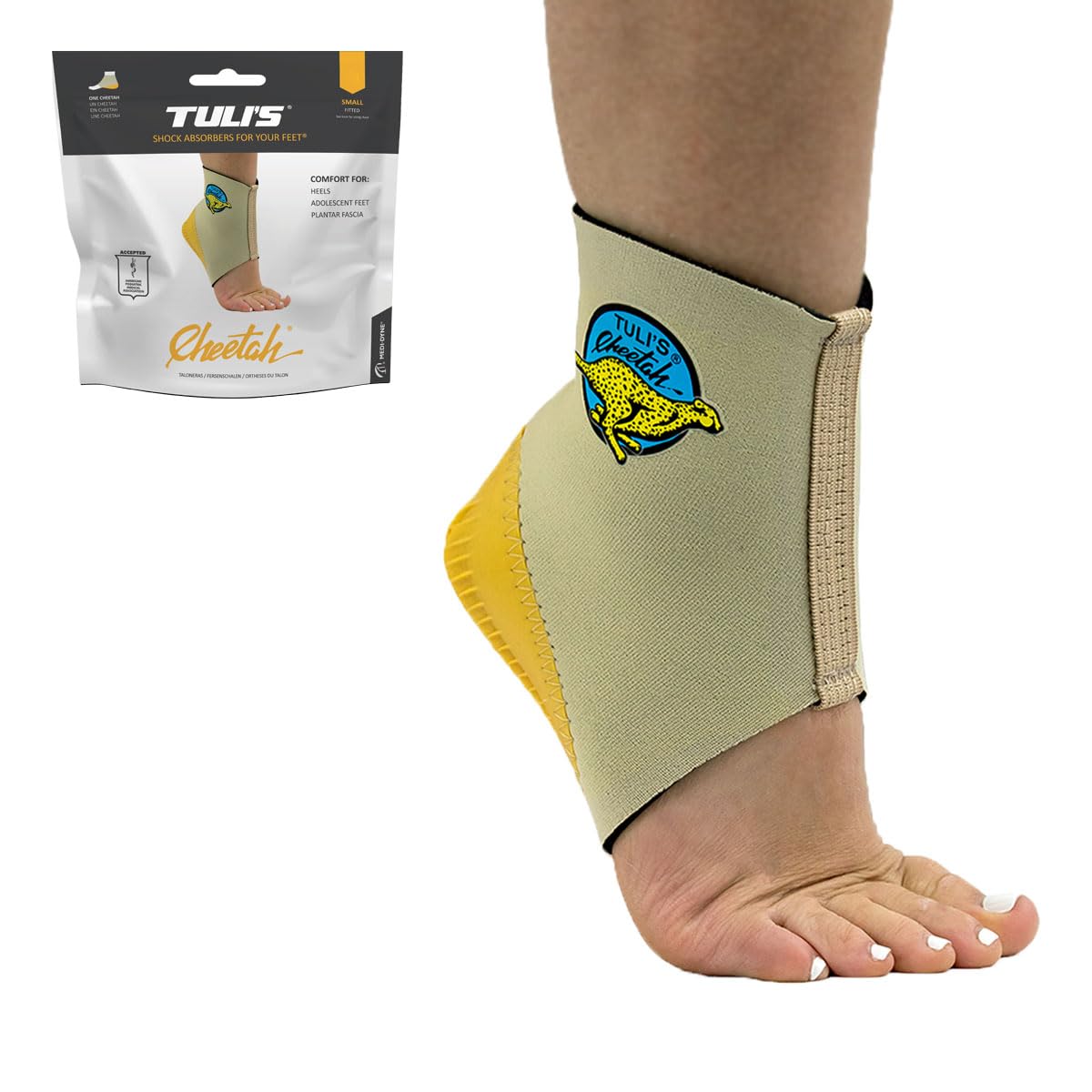 Tuli’s Cheetah Heel Cup compact-fit view for barefoot gymnasts and dancers.