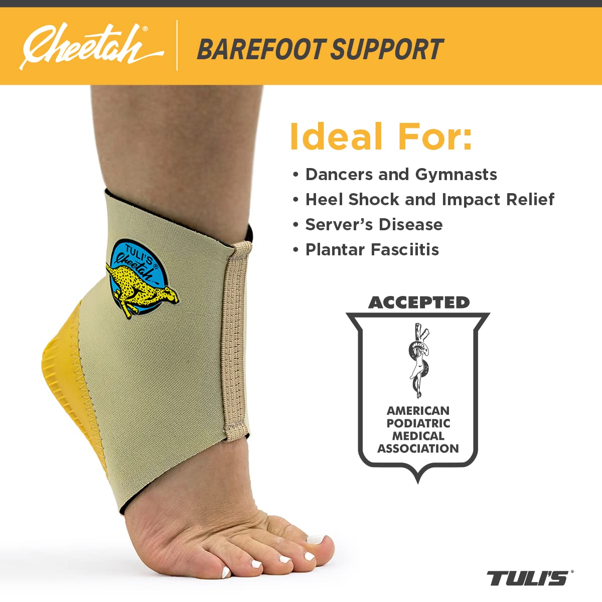 Tuli’s Cheetah Heel Cup close-up shows compression sleeve for secure heel support.