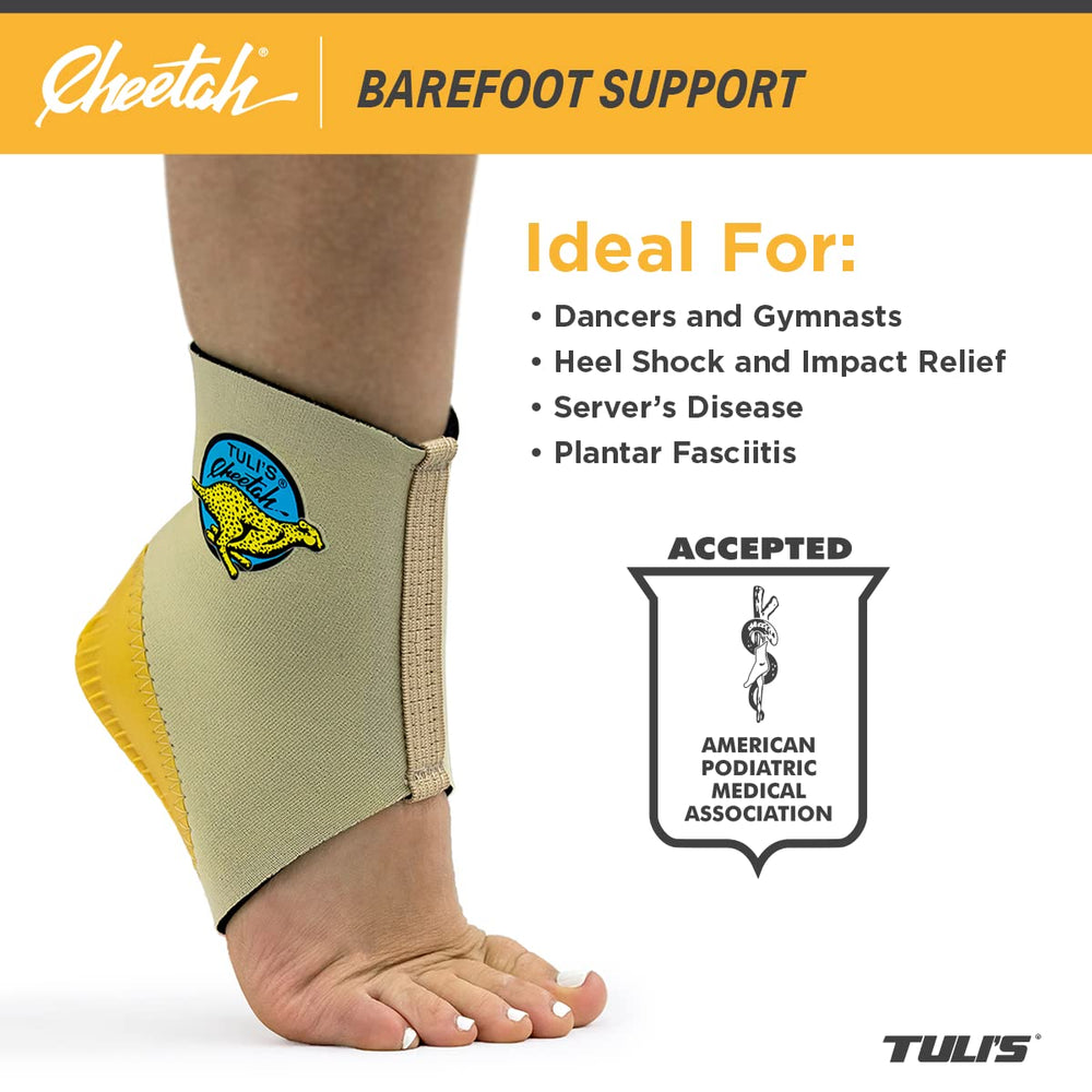 Tuli’s Cheetah Heel Cup close-up shows compression sleeve for secure heel support.
