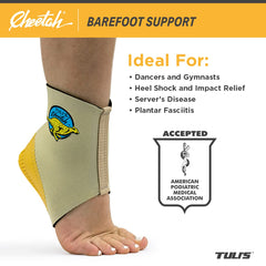 Tuli’s Cheetah Heel Cup close-up shows compression sleeve for secure heel support.