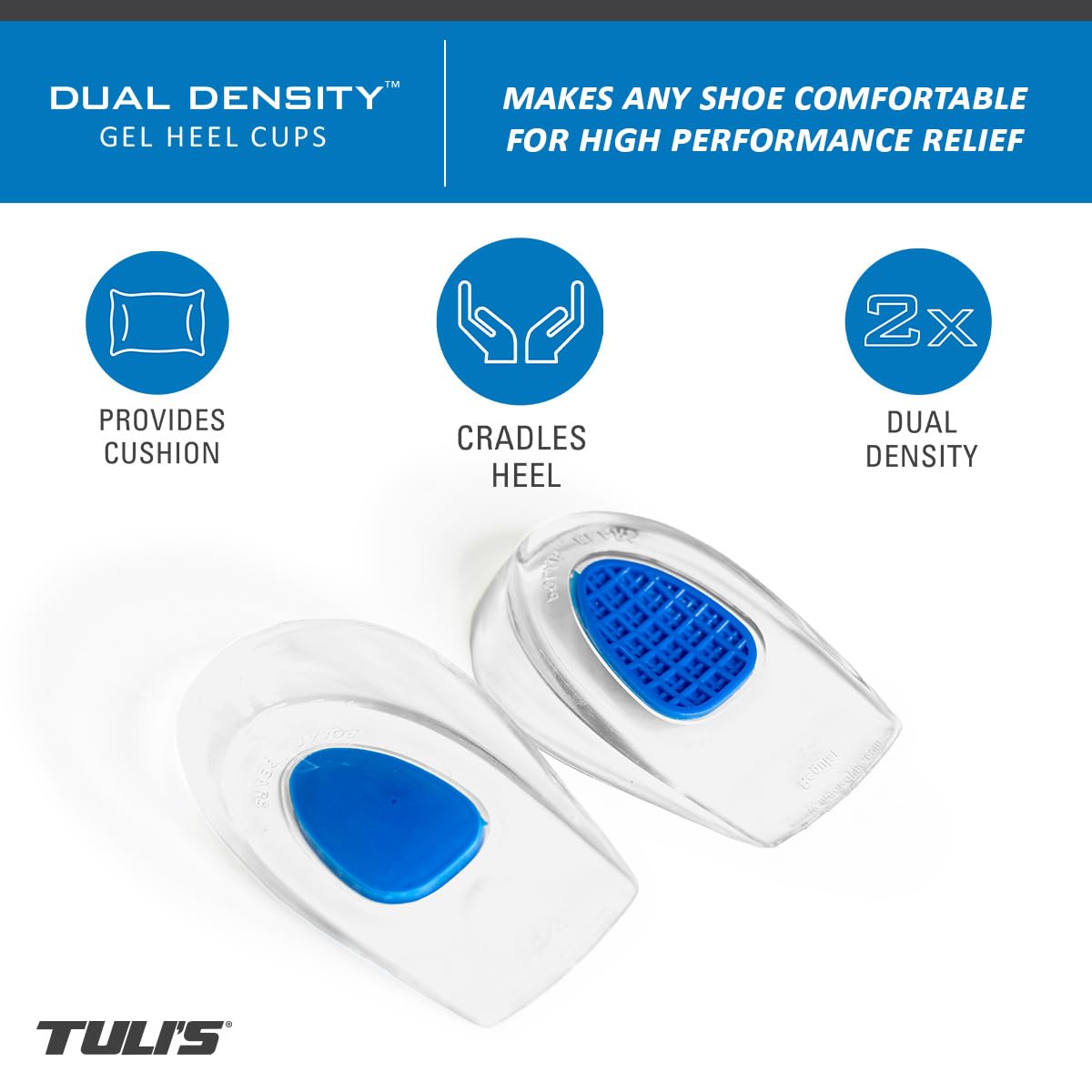 Tuli's dual-density heel cups close-up shows gel cushioning.