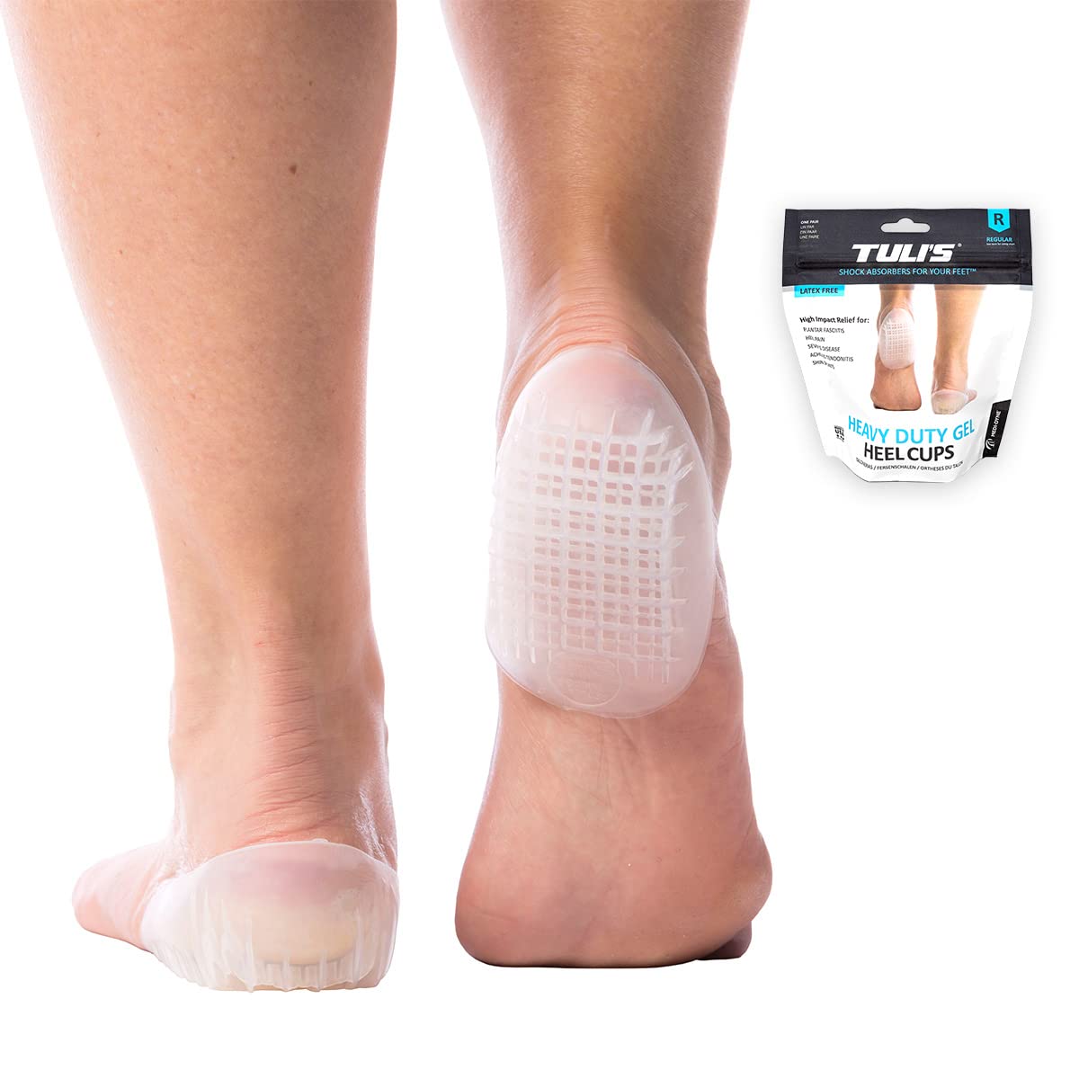 Tuli's heavy-duty gel heel cups inside a shoe for all-day comfort