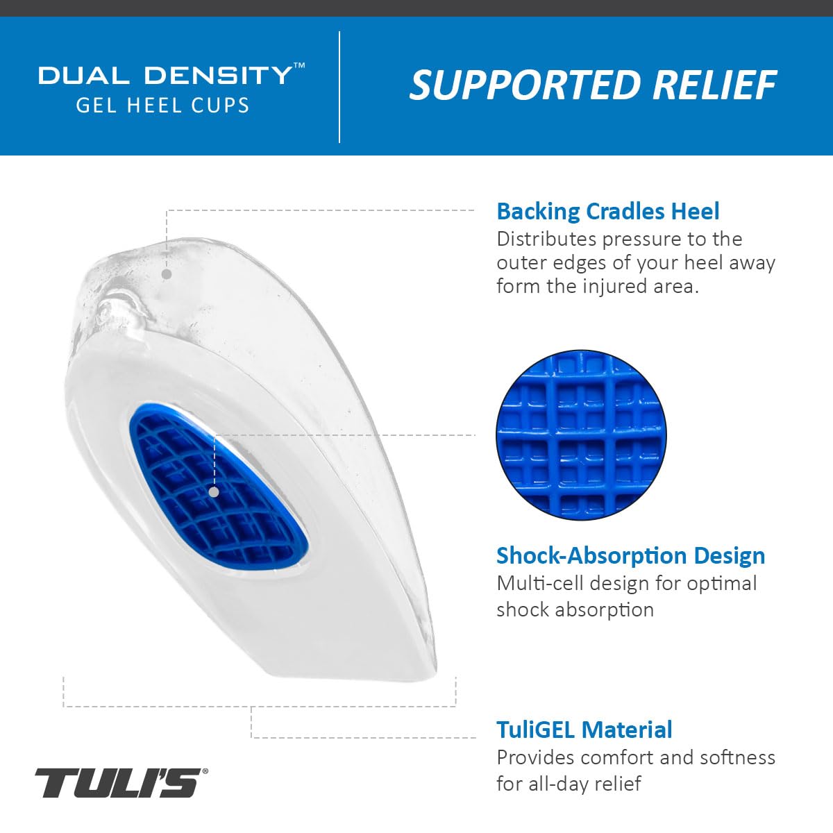 Tuli's heel cups feature blue shock-absorbing waffle design distributing pressure.