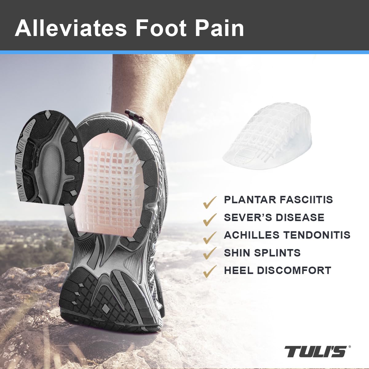Packaging display of Tuli's heavy-duty heel cups for easy browsing