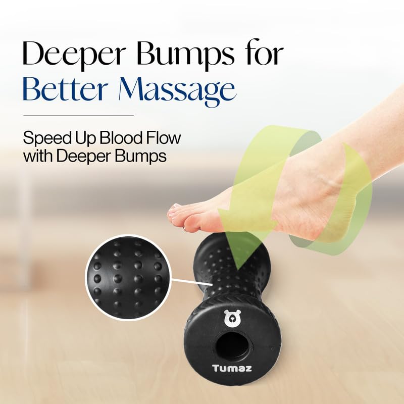 Tumaz foot roller demonstrates trigger-point press for targeted relief.