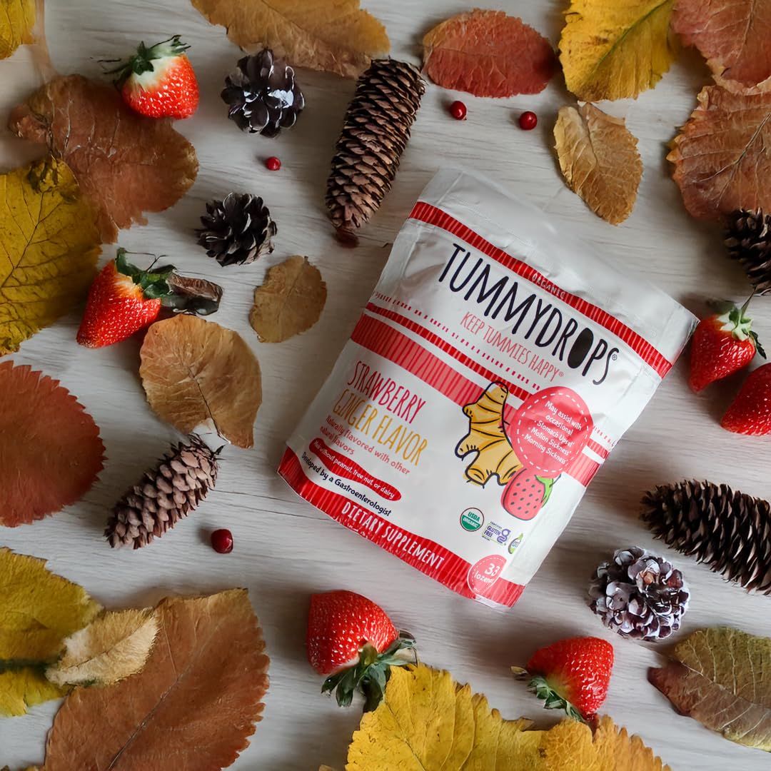 Tummy Drops gluten-free vegan certifications visible on packaging.