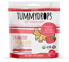 Tummy Drops strawberry-ginger packaging showing organic lozenges for on-the-go digestion support.