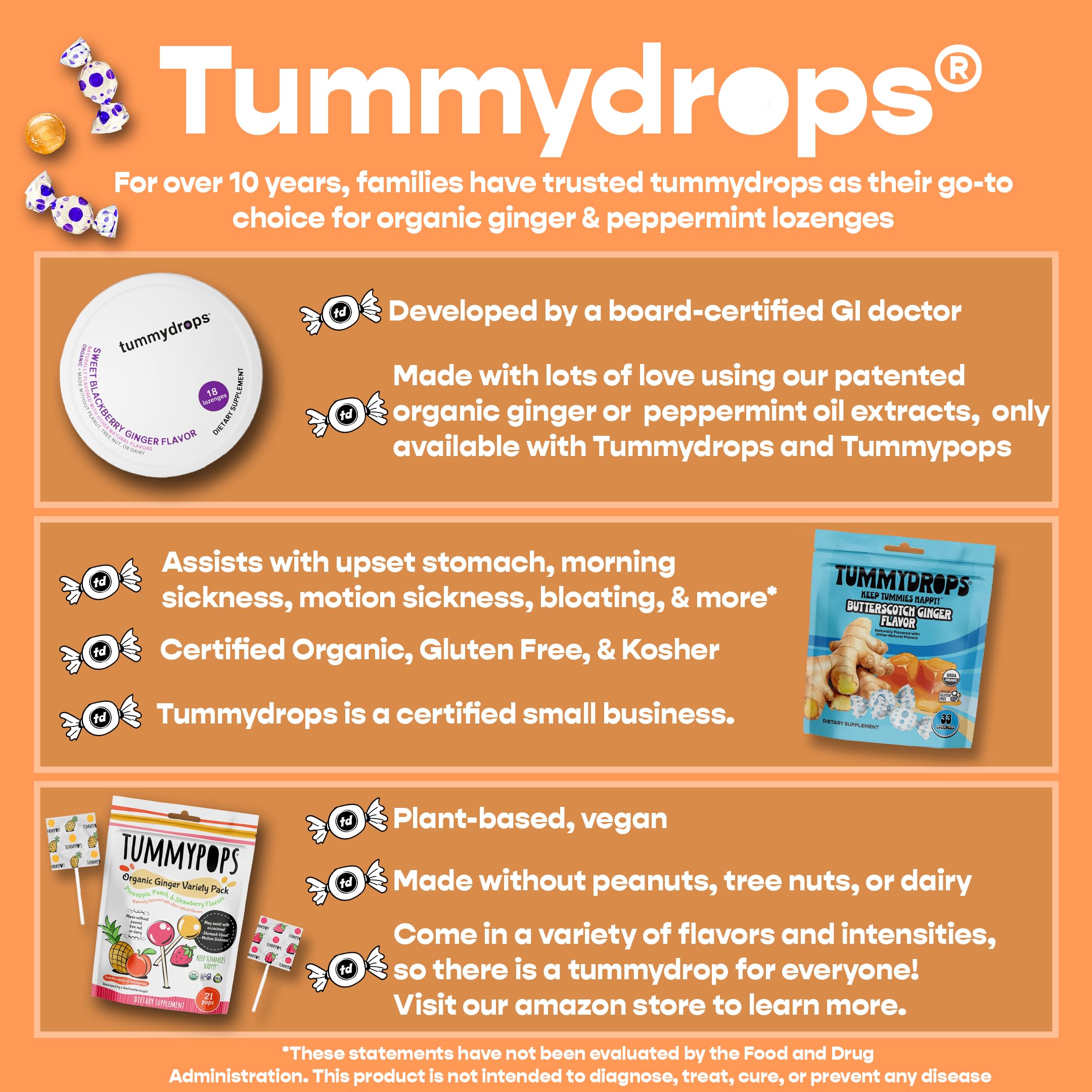 Tummydrops assorted flavors lozenges arranged for display and aroma