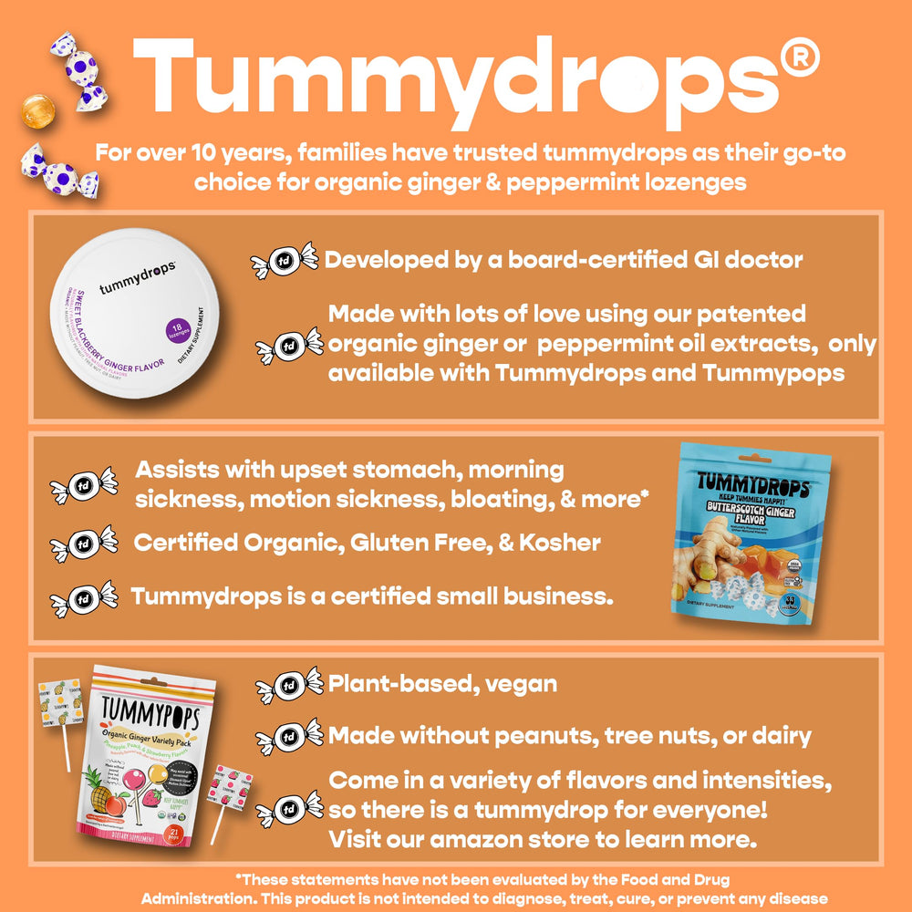 Tummydrops organic ginger extract bottle indicates signature patented process