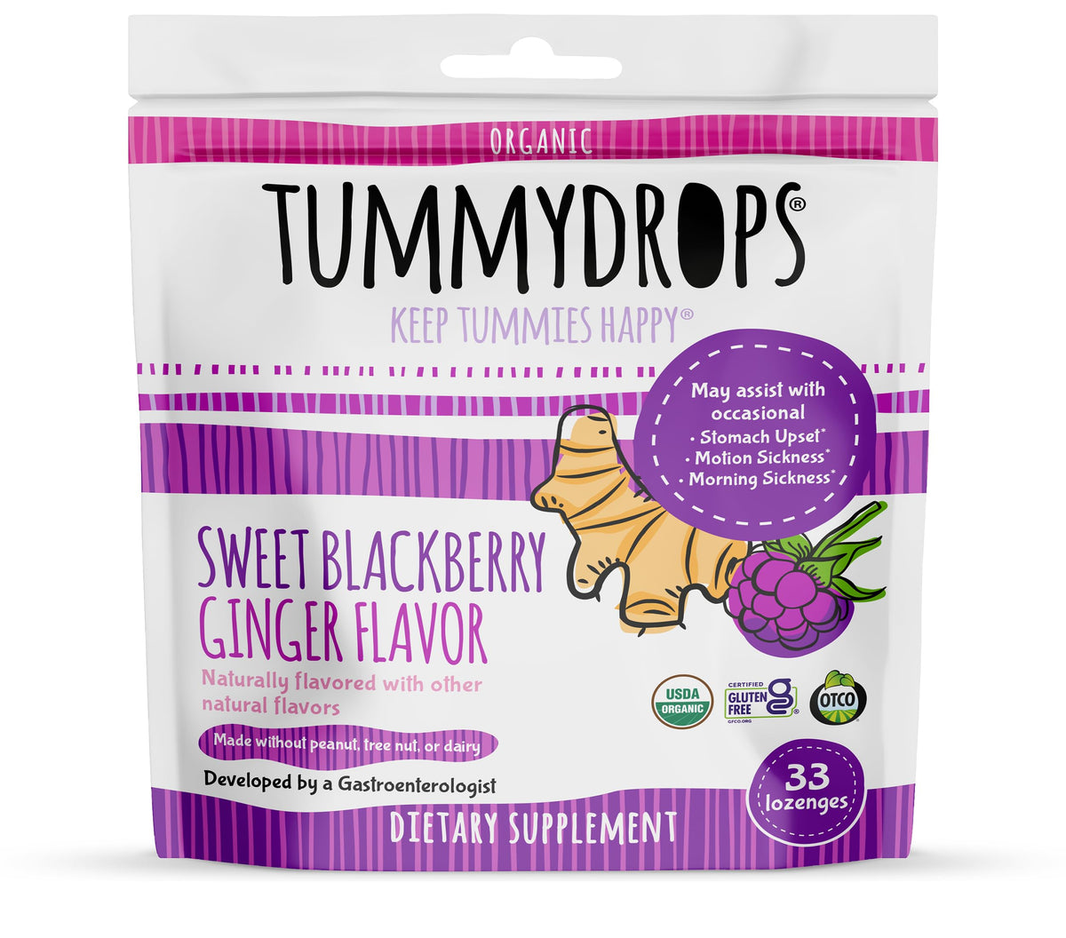 Tummydrops sweet blackberry ginger bottle close-up highlights organic ginger flavor for daily use