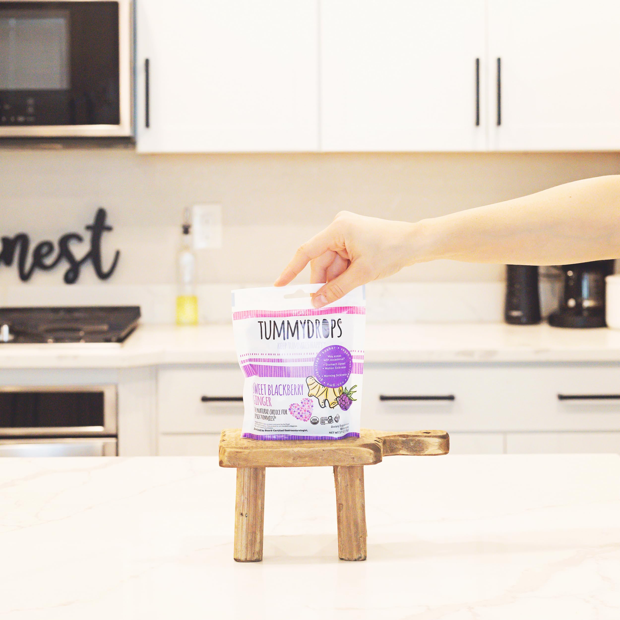 Tummydrops sweet blackberry ginger drops pack shows convenient on-the-go relief