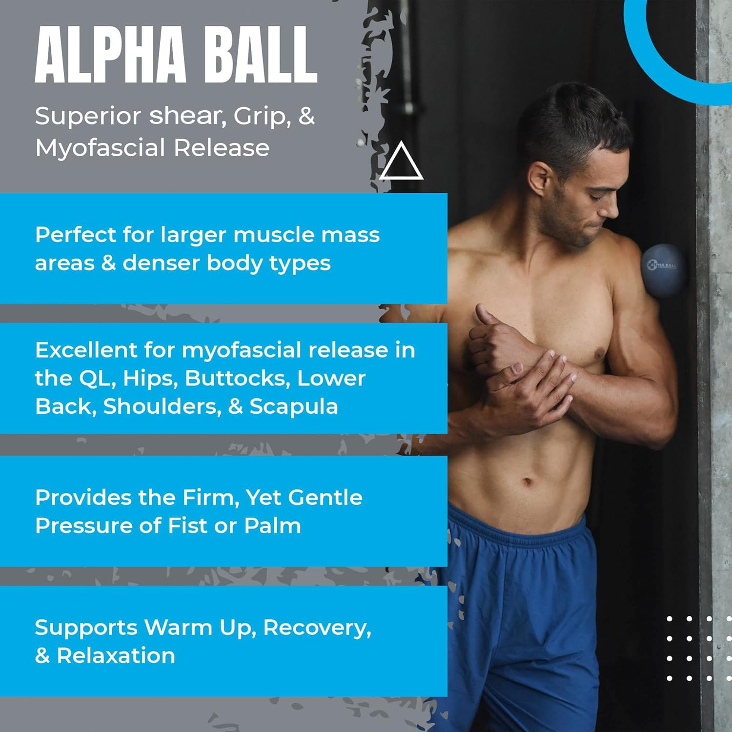 Tune Up Fitness Alpha Ball supports shoulder and lower back relief with targeted pressure.