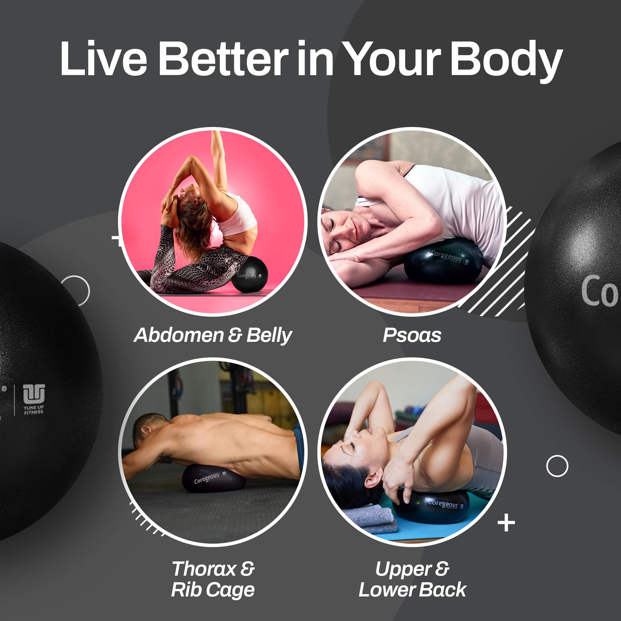 Graphite Coregeous Ball used on the floor to release psoas and abdominal area.