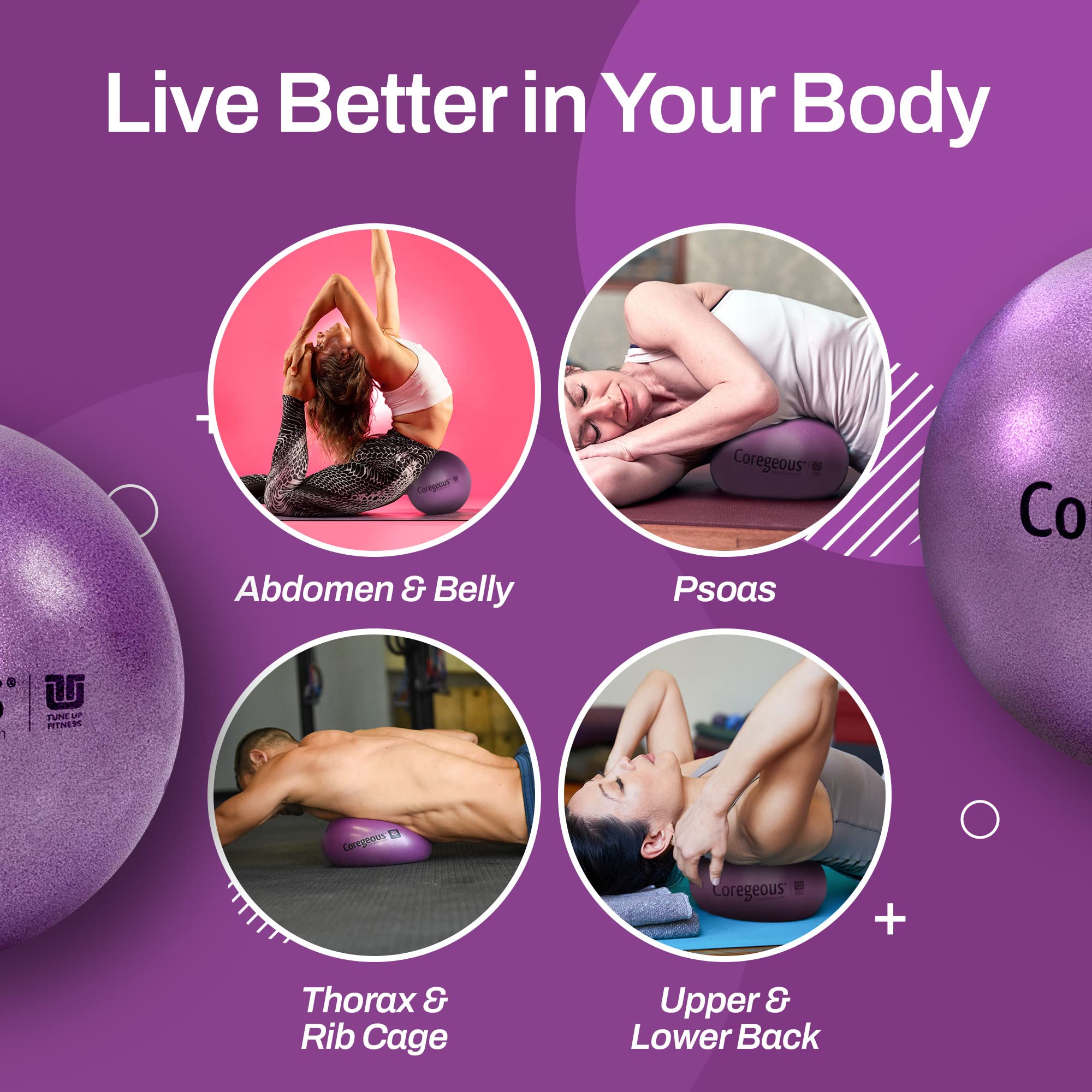 Tune Up Fitness Coregeous Ball during abdominal release for gentle self-massage.