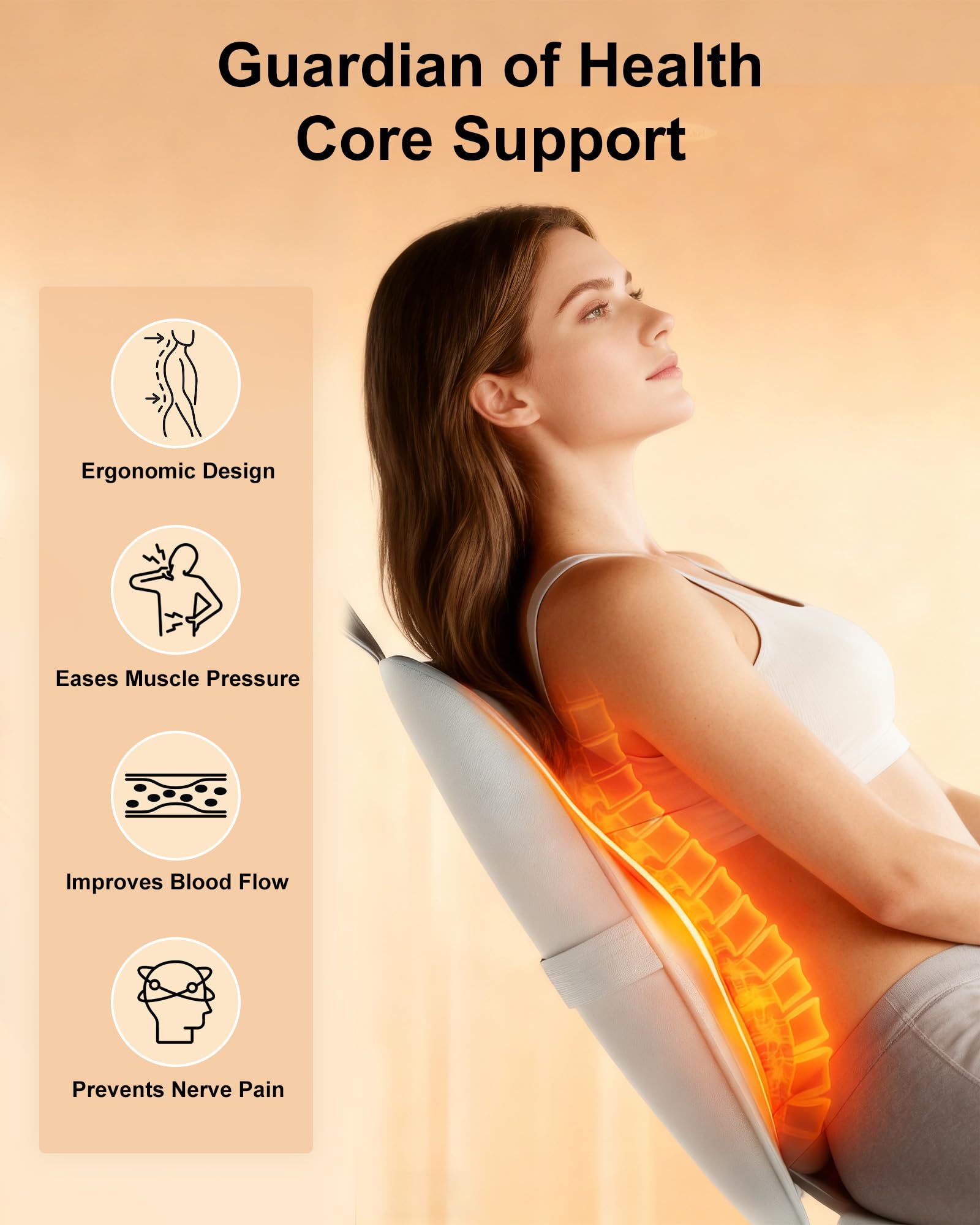 TUOSEDA ergonomic slim design shown on a chair for compact comfort.