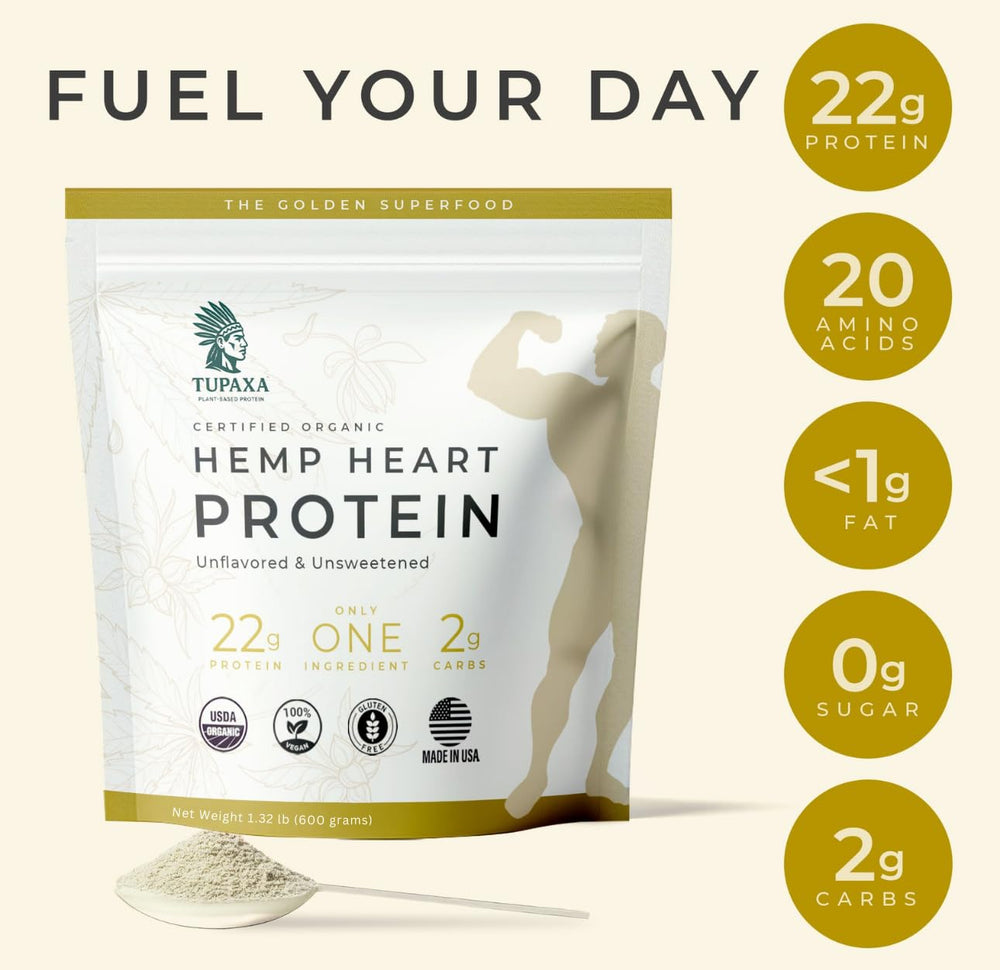 TUPAXA unflavored hemp protein powder scoop ready for shakes.