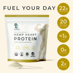 Tupaxa hemp protein powder scoop showing serving size for a convenient protein boost