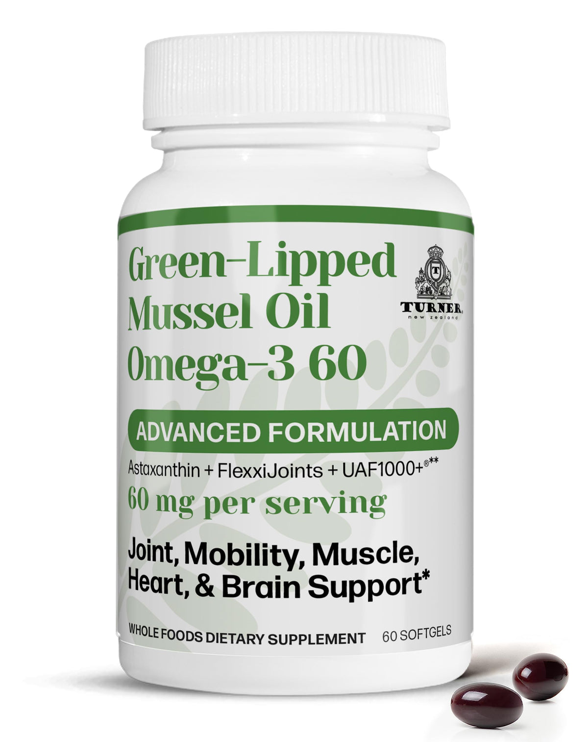 TURNER Omega-3 Green-Lipped Mussel Oil bottle signals premium joint comfort support.