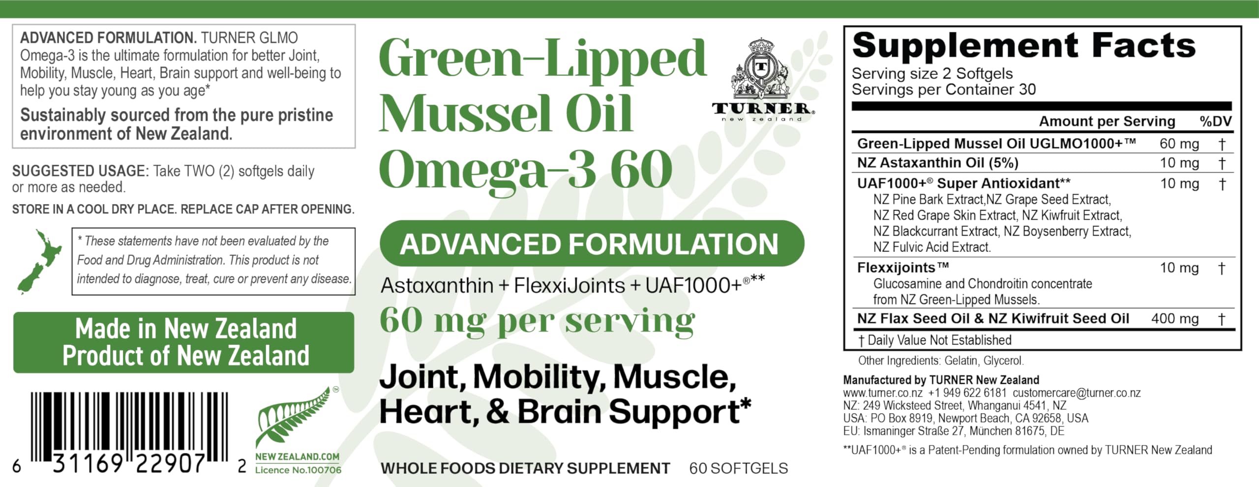 TURNER Omega-3 softgel capsules close-up highlight easy ingestion and mobility support.