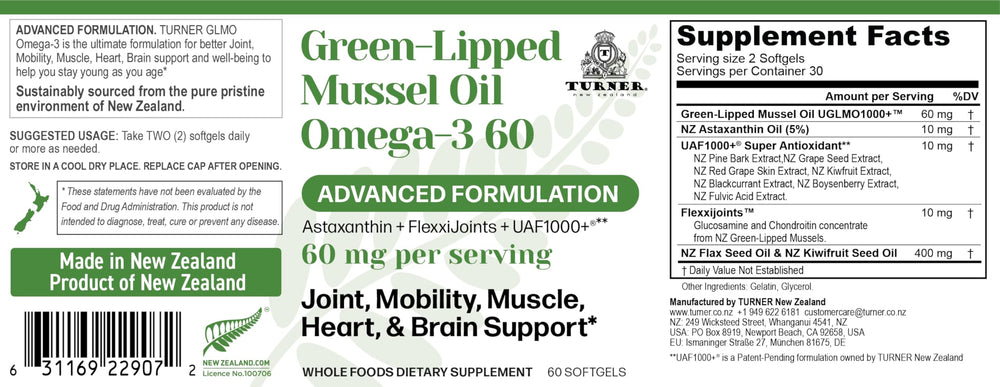 TURNER Omega-3 softgel capsules close-up highlight easy ingestion and mobility support.