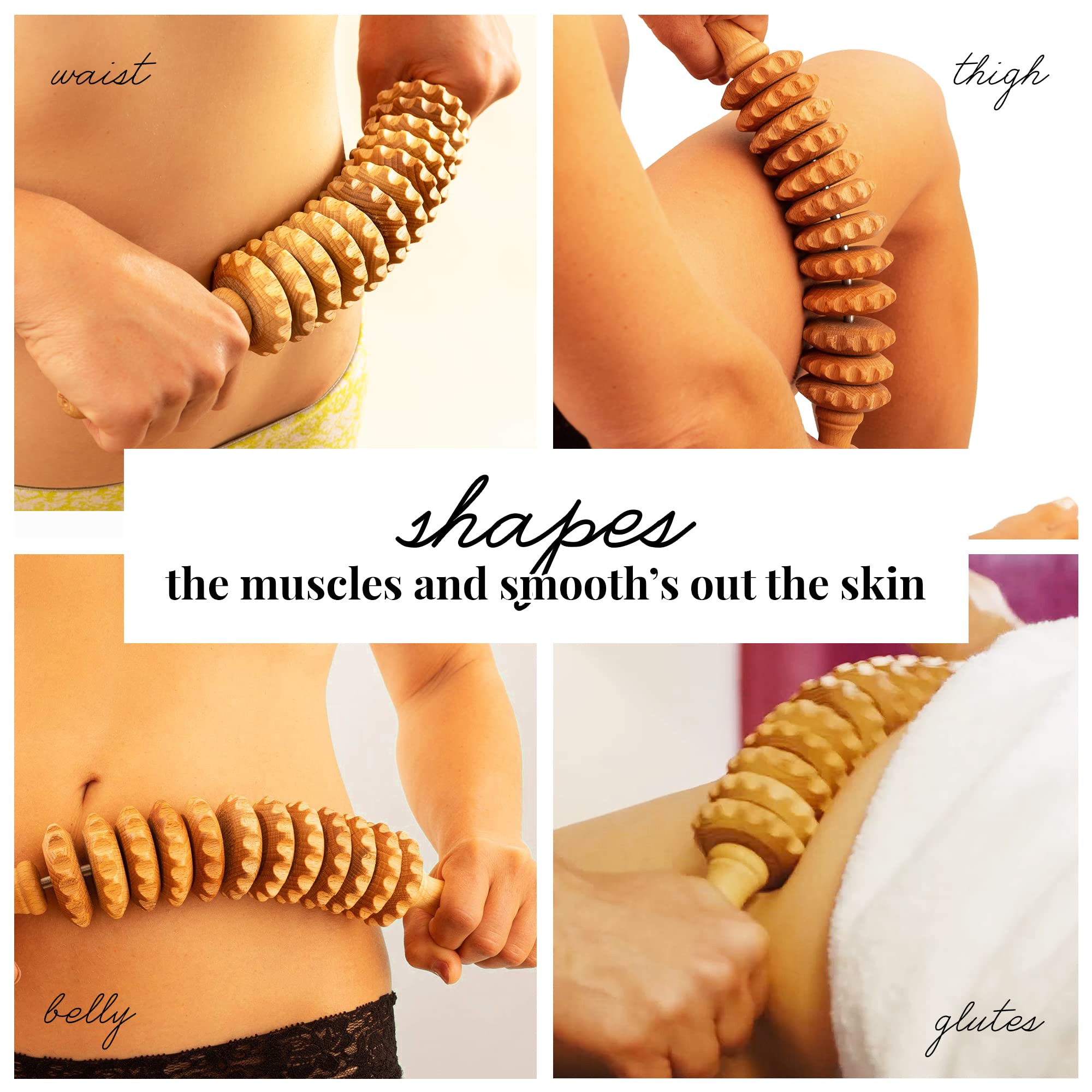 Tuuli wooden massage roller stomach; versatile contouring tool.