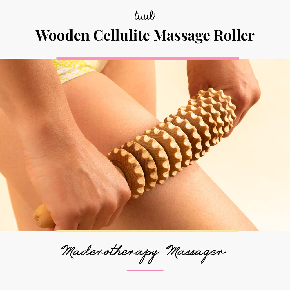 Tuuli wooden massage roller thigh; easing stiffness after workouts.