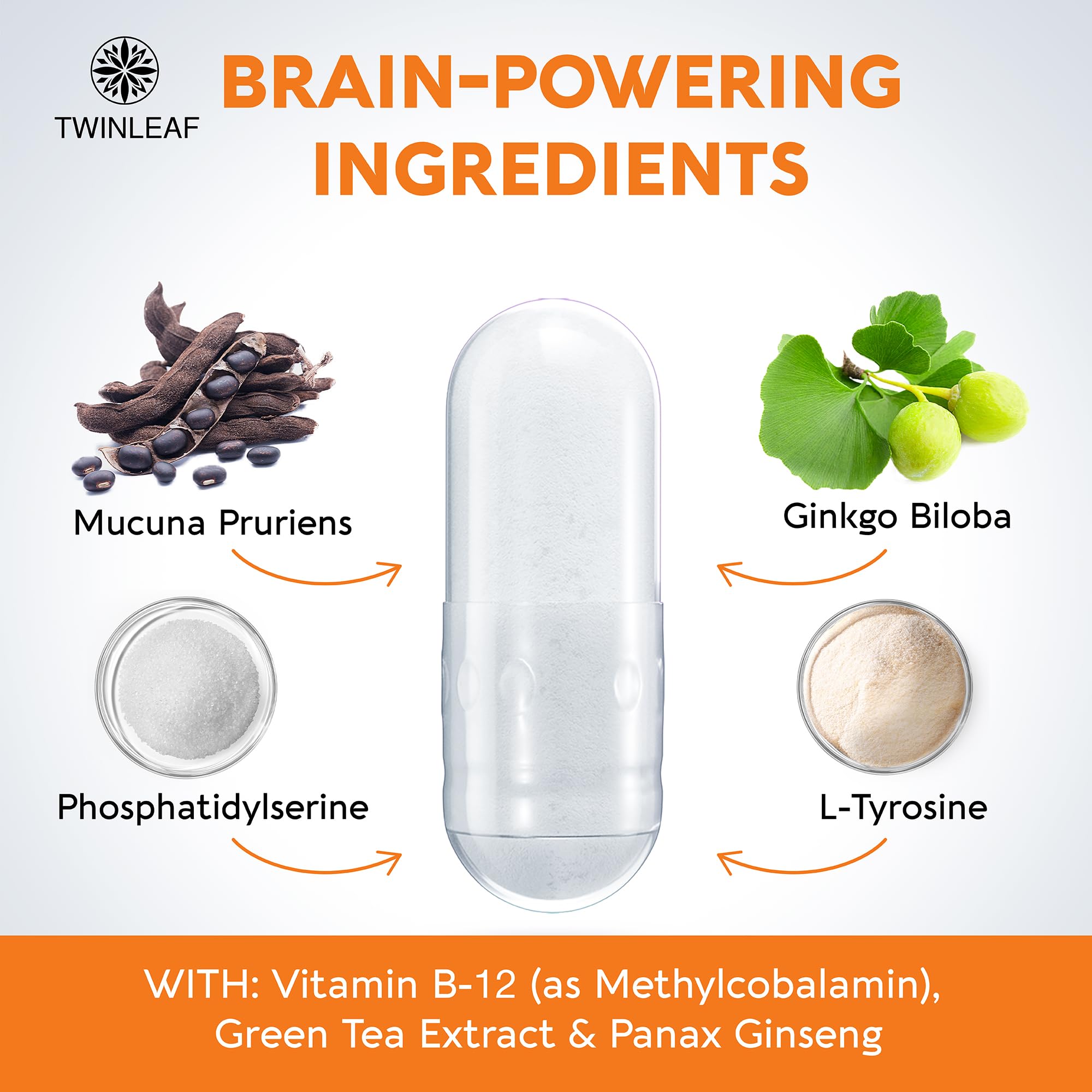 Close-up of TWINLEAF Dopamine capsules for convenient daily use.