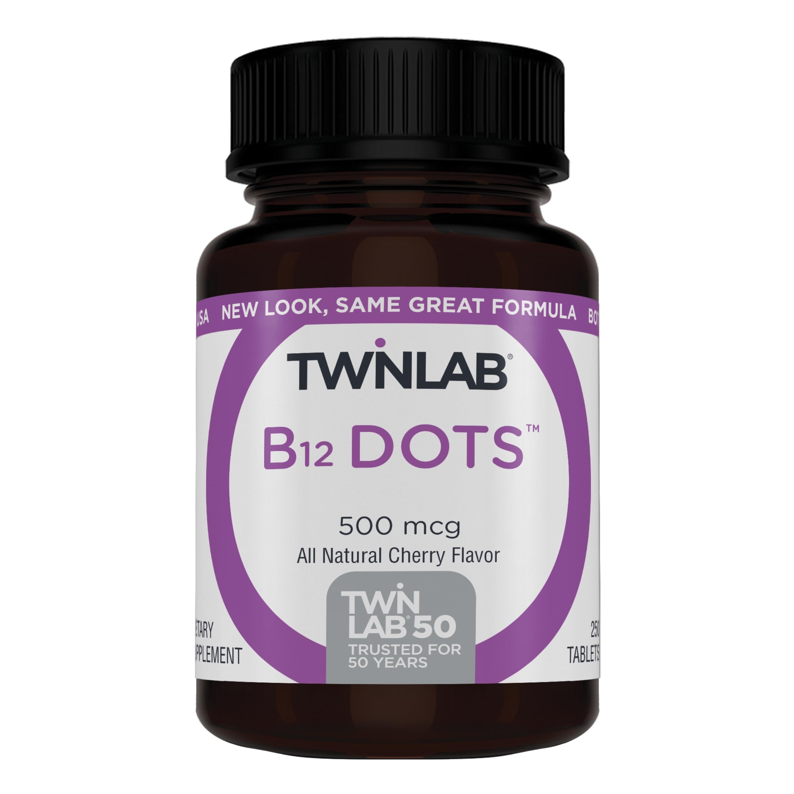 Twinlab B-12 Dots bottle pour, daily energy support.