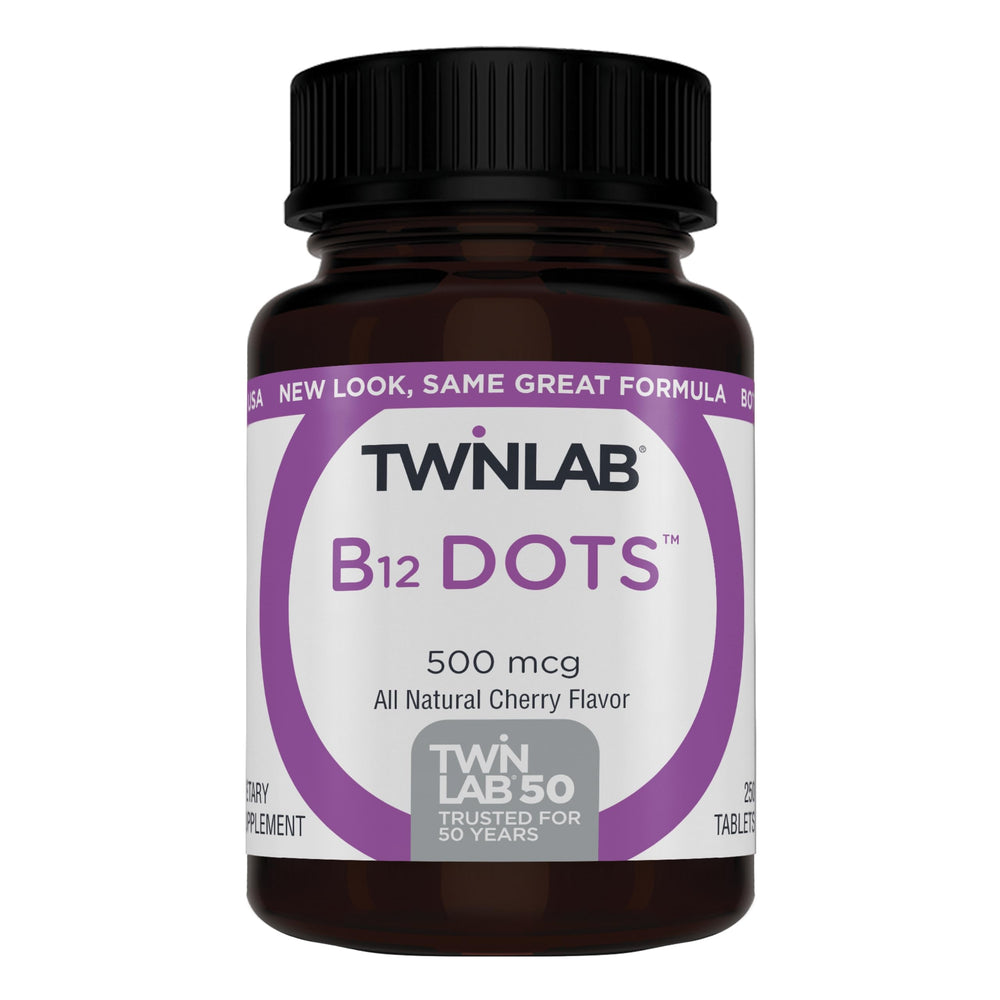 Twinlab B-12 Dots bottle pour, daily energy support.