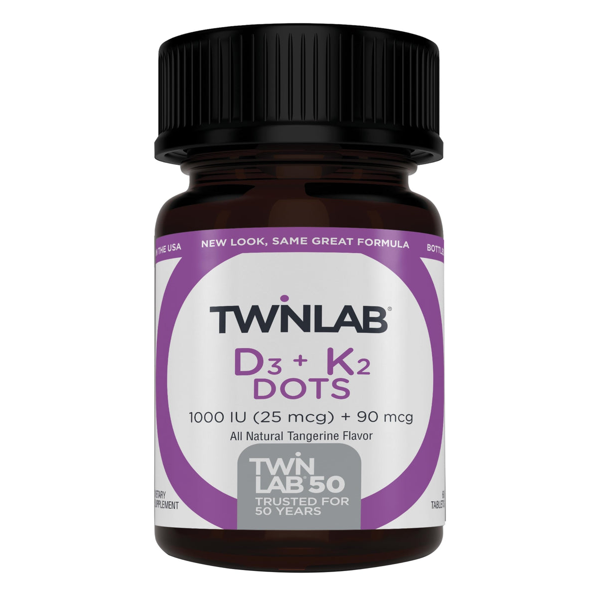 Twinlab D3 K2 Dots bottle front for bone health and immune support.