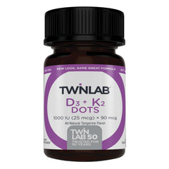 Twinlab D3 K2 Dots bottle front for bone health and immune support.