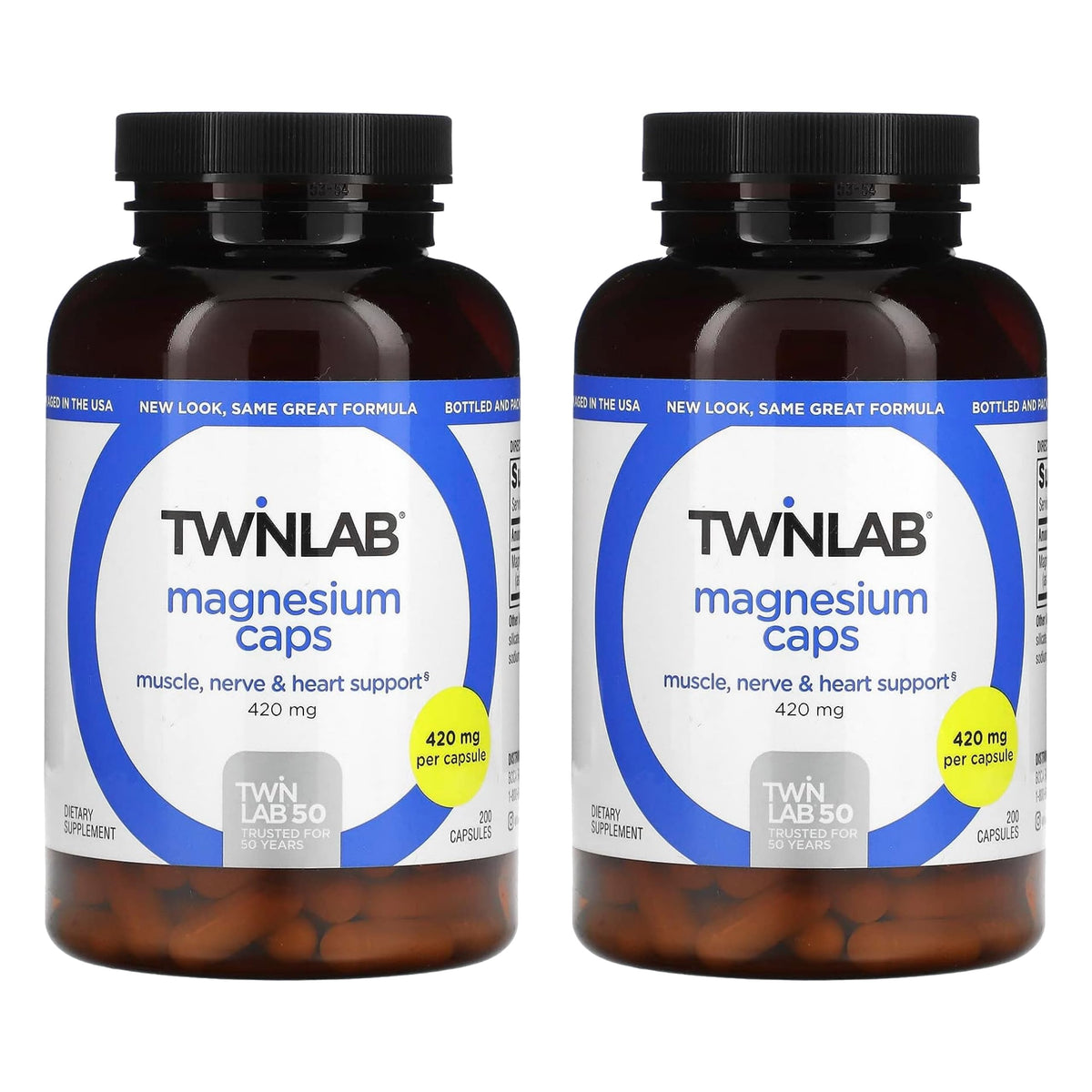 Twinlab Magnesium Caps bottle close-up shows high-absorption formula for potential leg cramps relief.